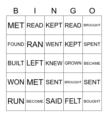 Irregular Verbs Bingo Card