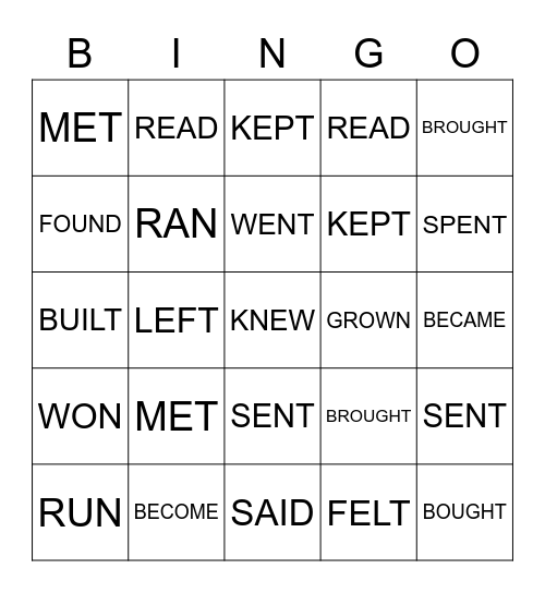 Irregular Verbs Bingo Card