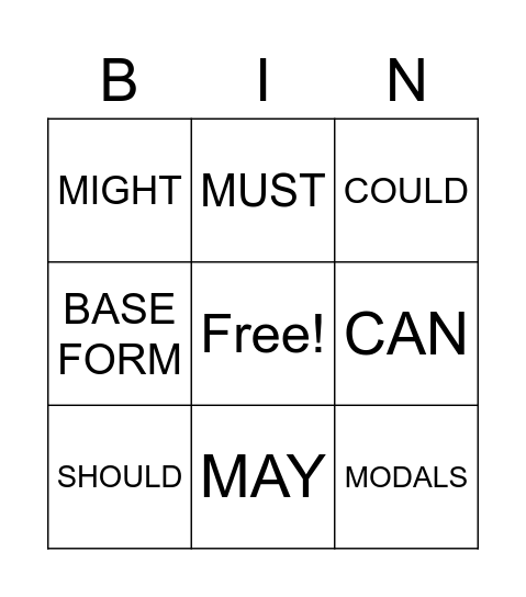 modals Bingo Card