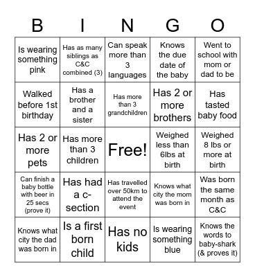 C&C BABY SHOWER BINGO Card