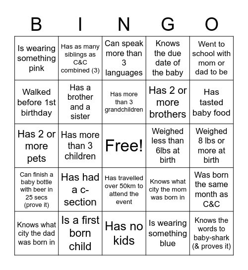 C&C BABY SHOWER BINGO Card