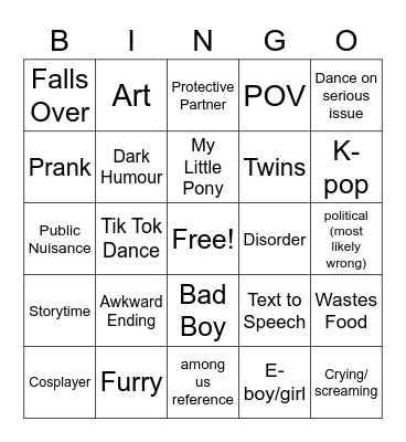 Cringe Tok Compilation Bingo Card