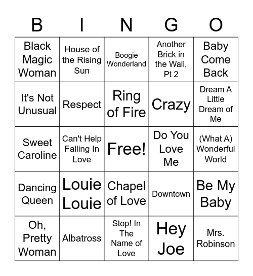 Music Bingo: 60s and 70s Bingo Card