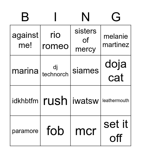 music taste Bingo Card