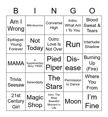 BTS Wollongong ARMY Day 2022 Bingo Card