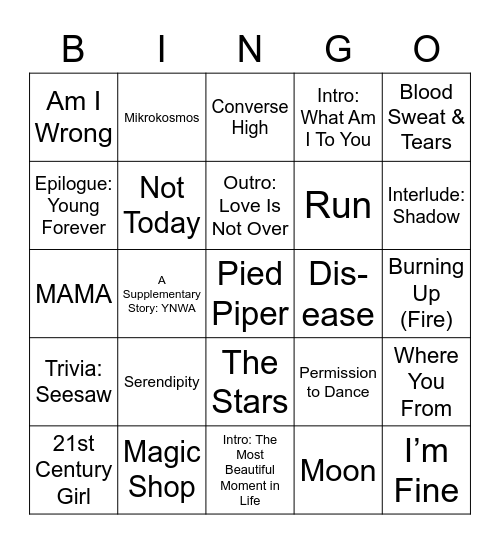 BTS Wollongong ARMY Day 2022 Bingo Card