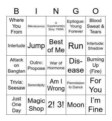 BTS Wollongong ARMY Day 2022 Bingo Card