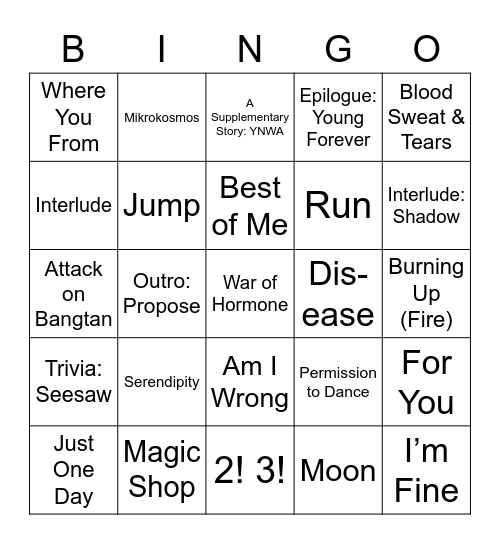 BTS Wollongong ARMY Day 2022 Bingo Card