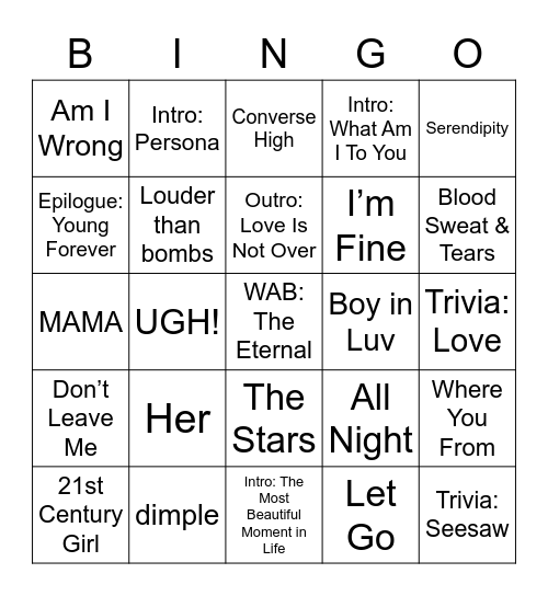 BTS Wollongong ARMY Day 2022 Bingo Card