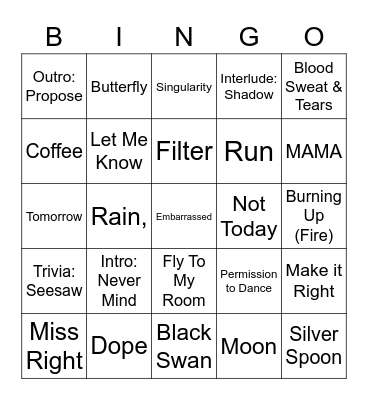 BTS Wollongong ARMY Day 2022 Bingo Card