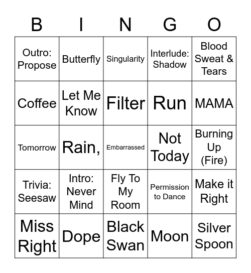 BTS Wollongong ARMY Day 2022 Bingo Card
