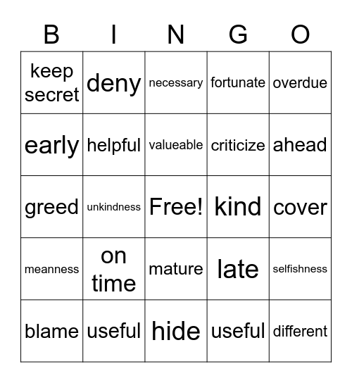 Antonyms Bingo Card