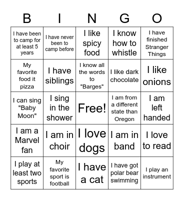 Camp Adams Bingo Card