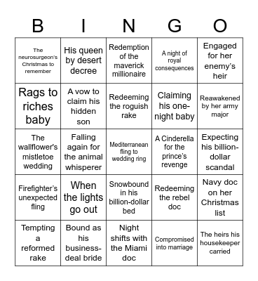 Mills & Boon Bingo Card