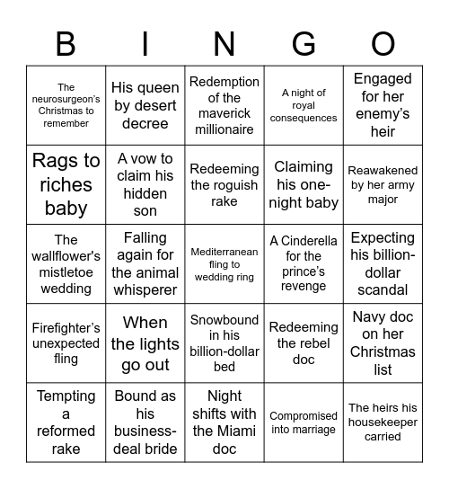 Mills & Boon Bingo Card