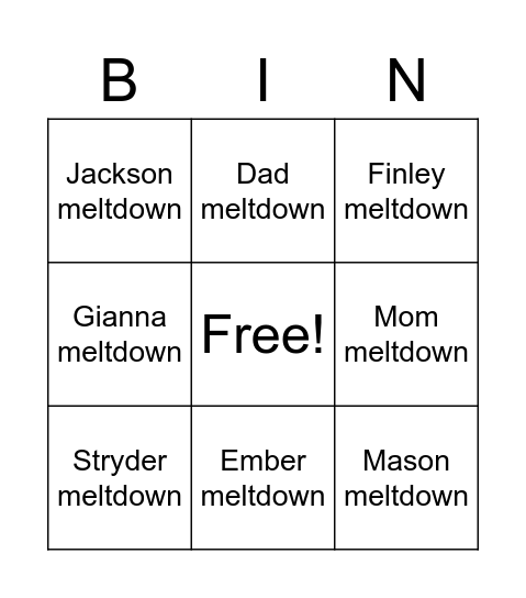 Meltdown Bingo Card