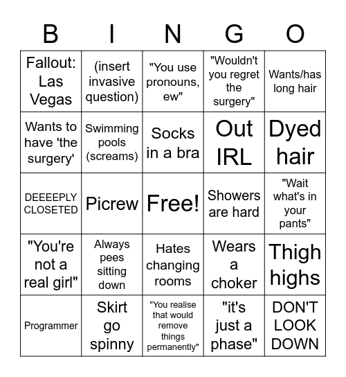 Trans fem Bingo Card