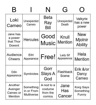 Thor 4 Bingo Card