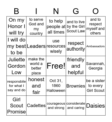 GIRL SCOUT  BINGO Card