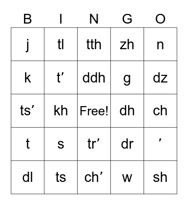 Hän Consonants Bingo Card