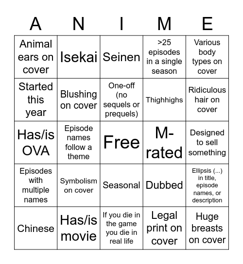 Animetake Random Bingo v2 Bingo Card