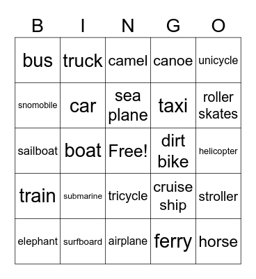 TRANSPORTATION Bingo Card