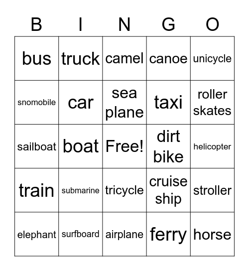 TRANSPORTATION Bingo Card