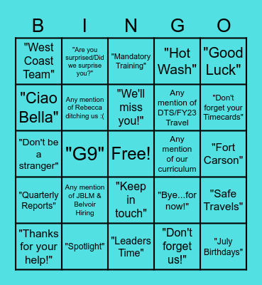 Jane's Farewell Bingo Card