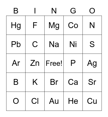 Periodic Table Bingo Card