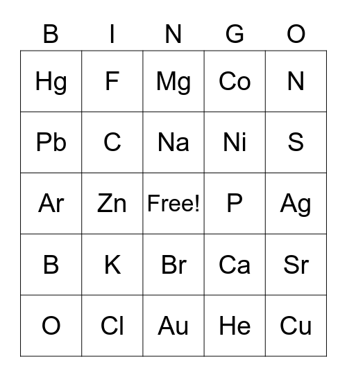 Periodic Table Bingo Card