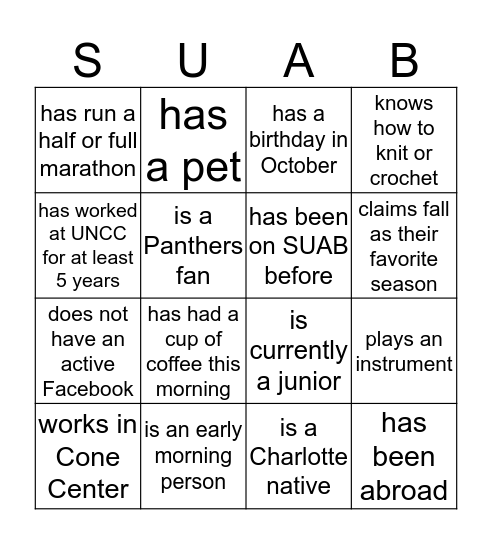 SUAB People Bingo Card