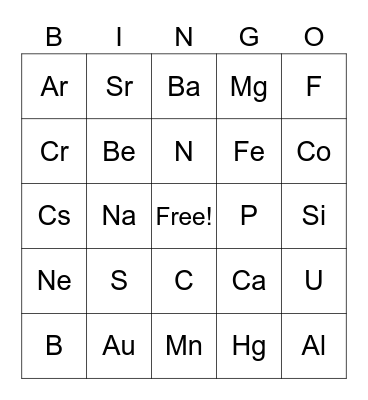 Periodic Table Bingo Card