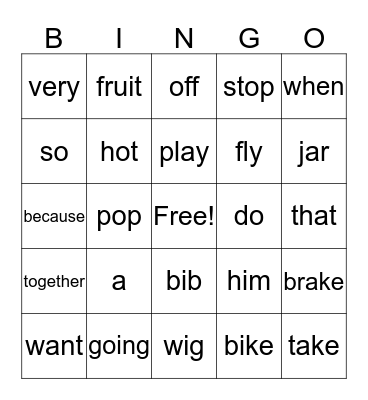 High Frequency Word Bingo Card