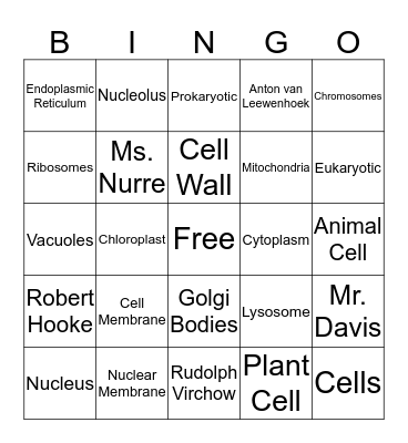 Organelles Bingo Card