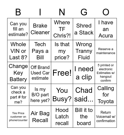 In - Calling for Toyota / Out - Dave Fox River Bingo Card