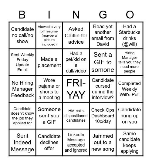 TEAM TALENT BINGO Card