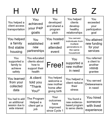 Healthy Women Healthy Babies Zones Bingo Card