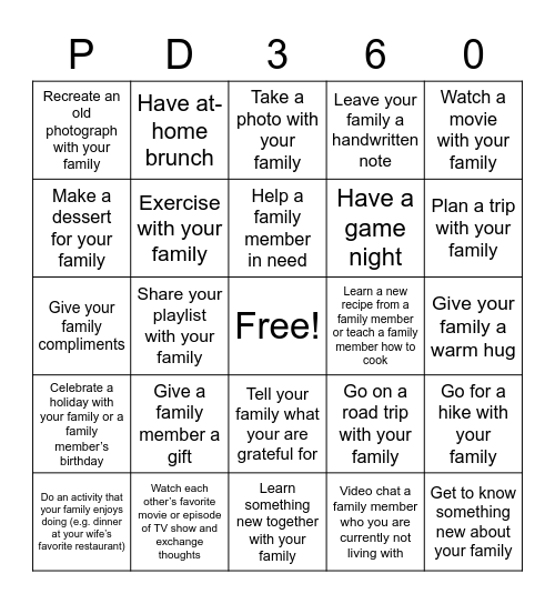 Time with Your Family Bingo Card