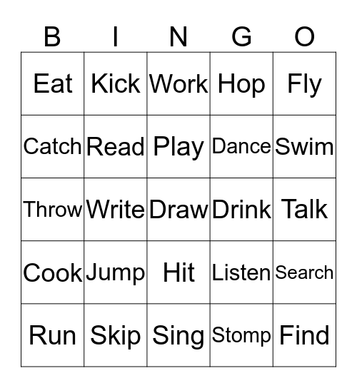 Action Verb Bingo Card
