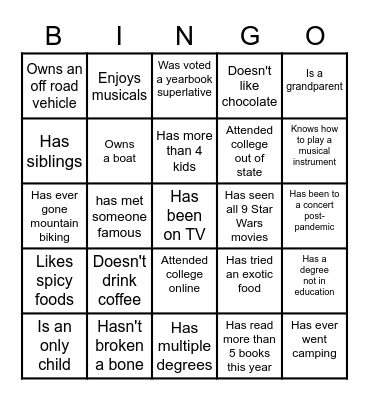 Find Someone Who Bingo Card