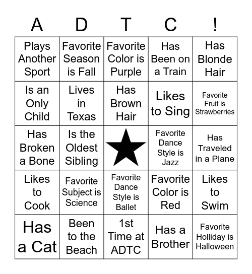 Welcome to ADTC! Bingo Card