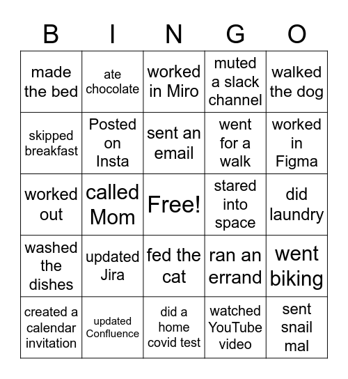 Day in the Life Bingo Card