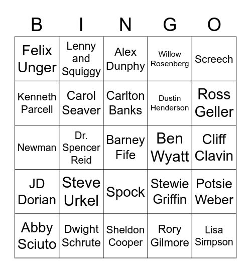 Famous TV Nerds Bingo Card