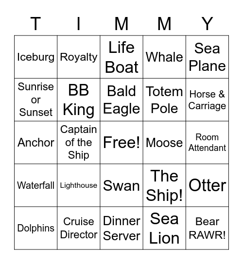 WHERE'S TIMMY Bingo Card