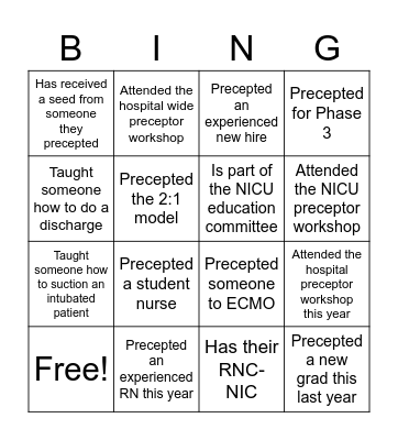 Preceptor Bingo Card