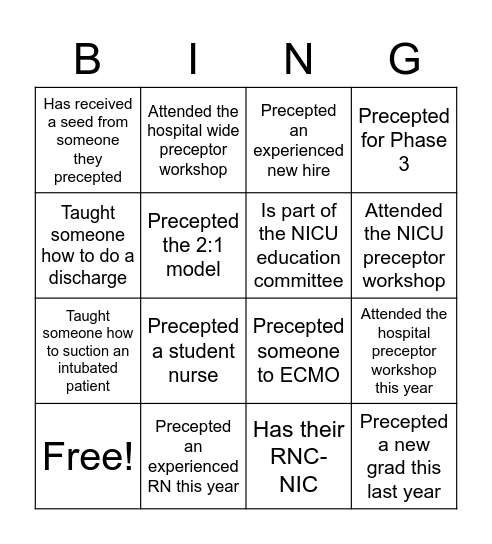 Preceptor Bingo Card