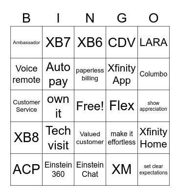 Xfinity Bingo Card