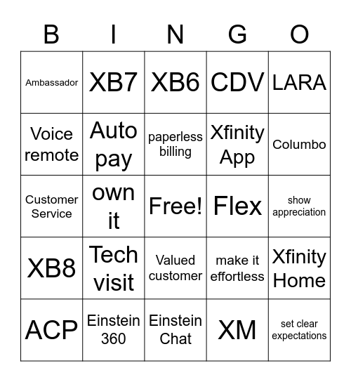 Xfinity Bingo Card