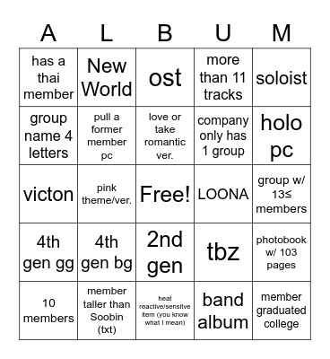Album Bingo Card