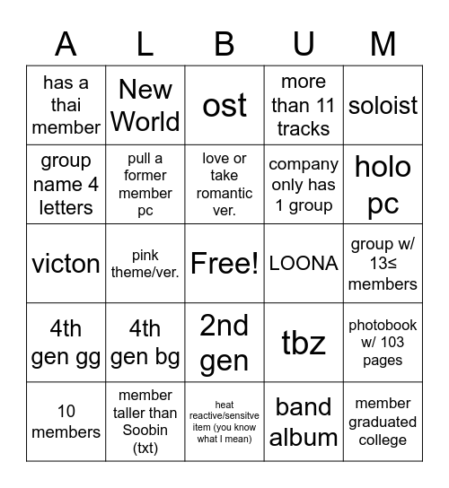 Album Bingo Card